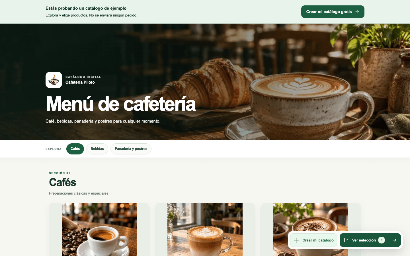 Catálogo público de ejemplo de una cafetería creado con Catali
